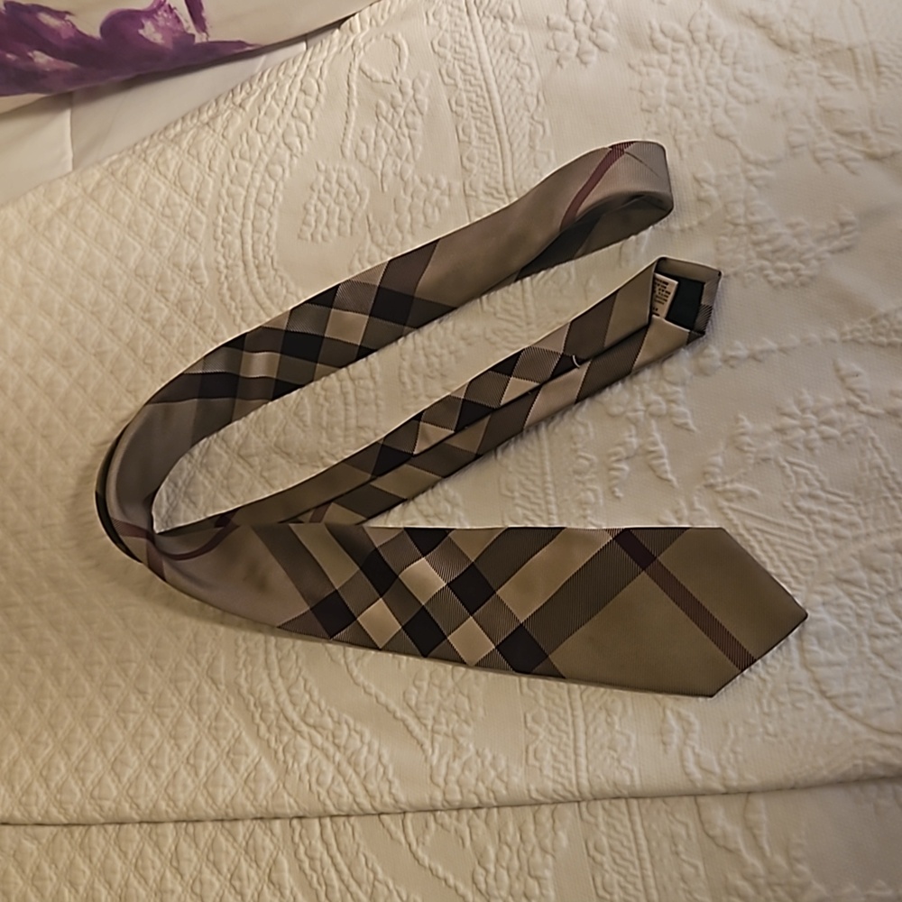Burberry Beige Plaid Silk Tie with Black and Brown Accents